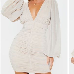 Stone Mesh  Ruched Balloon Sleeve Bodycon Dress